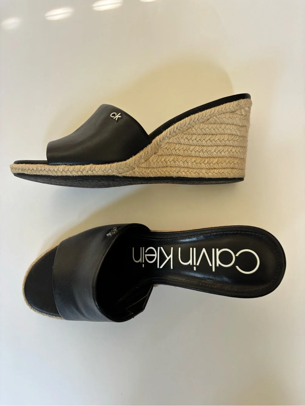 Calvin Klein Black Leather Bandera Wedge Espadrille Slide Sandal 3-1/2” Heel 8